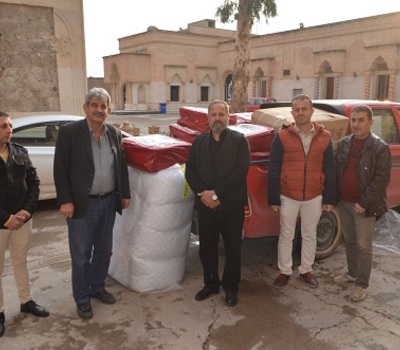 منظمة حمورابي لحقوق الانسان تزود دير مار بهنام بثمانين بطانية ووسادة وافرشة بدعم من منظمة التضامن المسيحي الدولية CSI